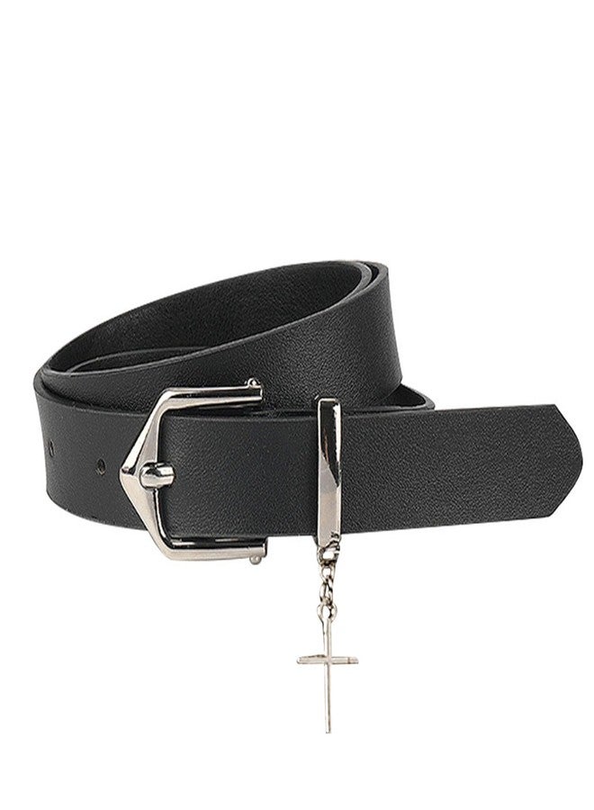 QFSH Women Gothic Waist Belt Punk Cross Pendant Belt Silver Buckle PU Leather Belt for Dresses Jeans - Image 1